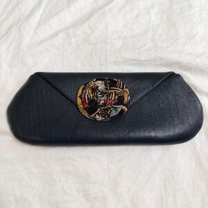 Pineda Covalin Black Leather Envelope Clutch Bag Rosette Accent